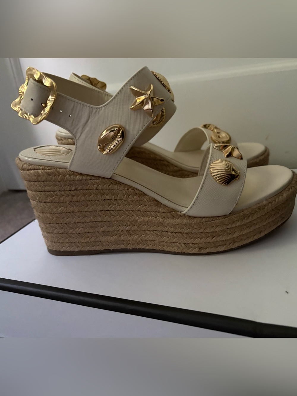 Larroude Cream Espadrille Wedge Sandals with Gold Sea Charms